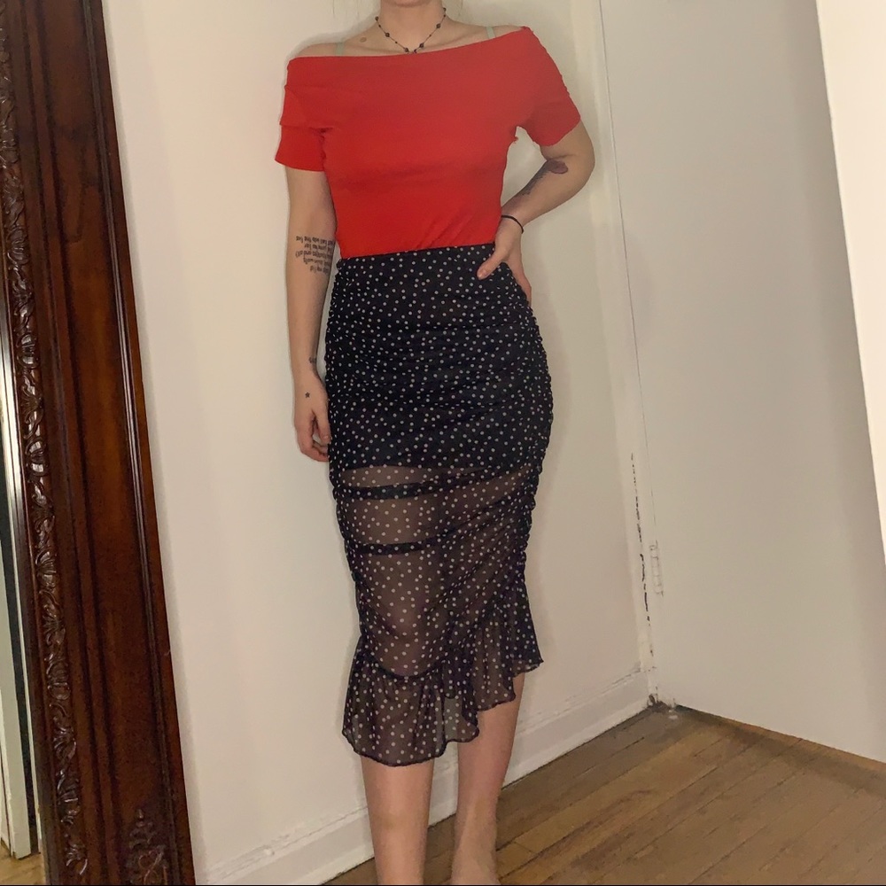 Black Polka Dot Mesh Frill Hem Midi Skirt.